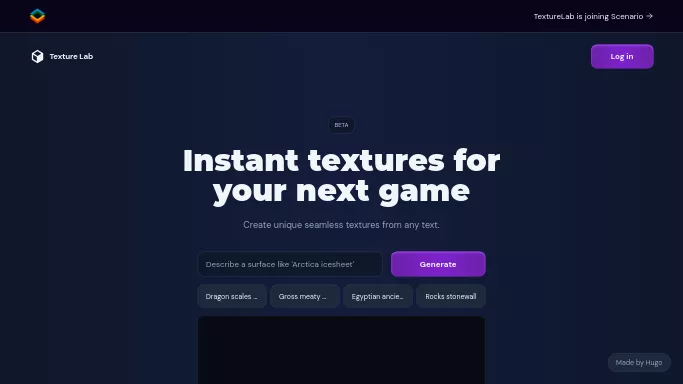 Texture Lab — бесплатная нейросеть   для 3D и анимации. Бесплатная версия с ограниченным функционалом, есть платные тарифы.