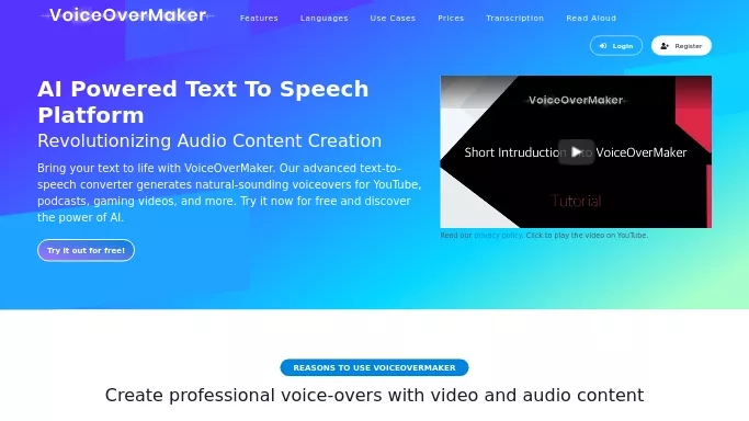 VoiceOverMaker — бесплатная нейросеть   для создания голоса. Бесплатная версия с ограниченным функционалом, есть платные тарифы.
