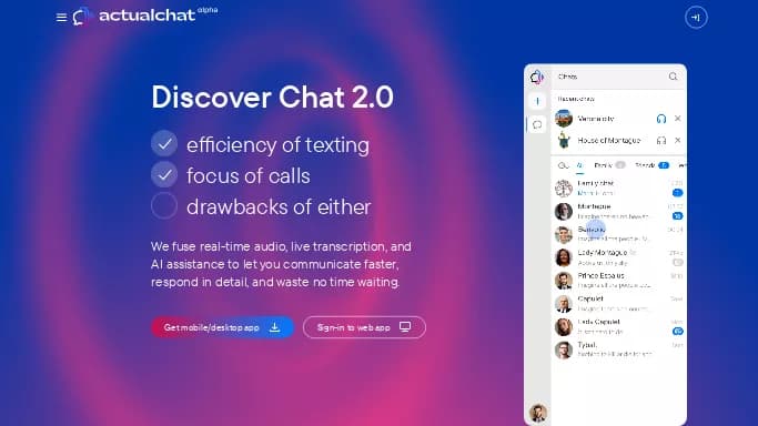Actual Chat — бесплатная нейросеть   для транскрибации аудио и видео,  для повышения продуктивности,  для помощи в образовании. 