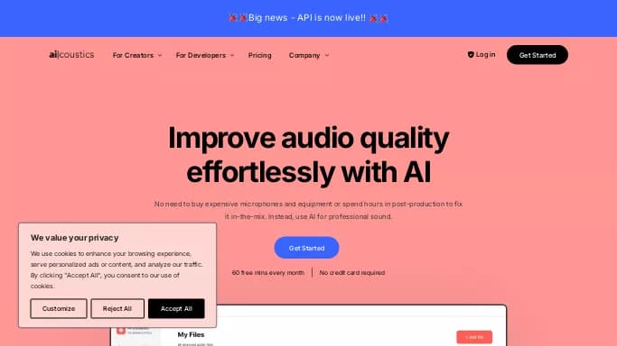 Ai|coustics — бесплатная нейросеть   для редактирования аудио. Бесплатная версия с ограниченным функционалом, есть платные тарифы.