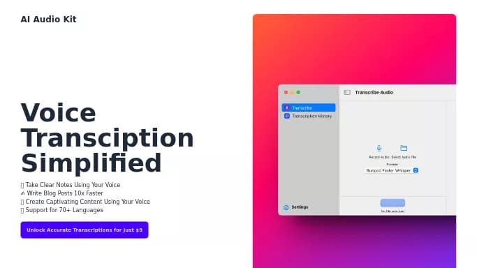 AI Audio Kit — платная нейросеть   для транскрибации аудио и видео,  для повышения продуктивности,  для помощи в образовании. Бесплатная версия с ограниченным функционалом, есть платные тарифы.