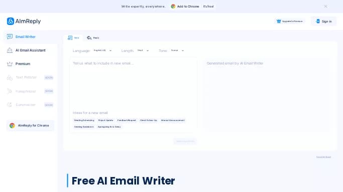 AImReply — бесплатная нейросеть   для работы с электронной почтой,  для копирайтинга,  для маркетинга. Бесплатная версия с ограниченным функционалом, есть платные тарифы.