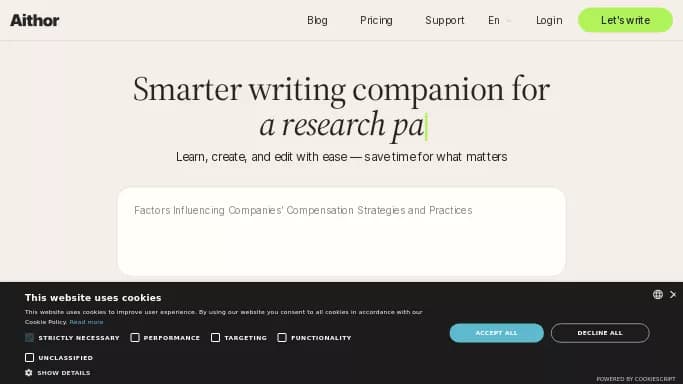 Aithor — бесплатная нейросеть   для помощи в образовании,  для написания текста,  для копирайтинга. Бесплатная версия с ограниченным функционалом, есть платные тарифы.