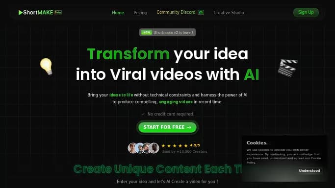 ShortMake — бесплатная нейросеть   для создания видео,  для SMM. Бесплатная версия с ограниченным функционалом, есть платные тарифы.
