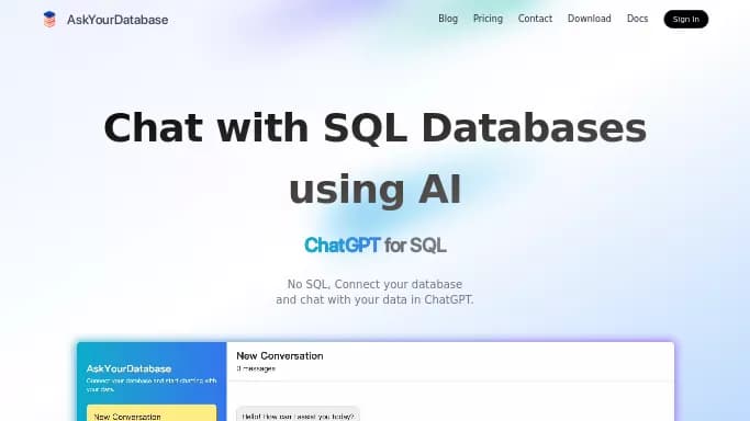 AskYourDatabase — бесплатная нейросеть   для разработки программного обеспечения,  для анализа данных,  — чат-бот,  для no Code/Low Code разработки. Бесплатная версия с ограниченным функционалом, есть платные тарифы.