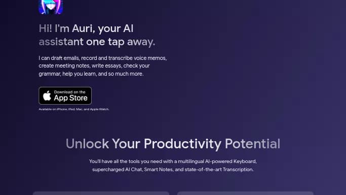 Auri AI — бесплатная нейросеть   для повышения продуктивности,  для транскрибации аудио и видео,  для помощи в образовании,  для копирайтинга. Бесплатная версия с ограниченным функционалом, есть платные тарифы.