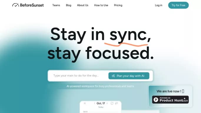 BeforeSunset AI — платная нейросеть   для повышения продуктивности. Бесплатная версия с ограниченным функционалом, есть платные тарифы.
