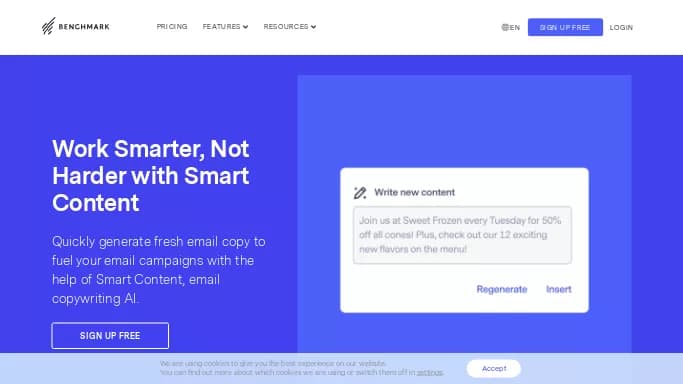 Benchmarkemail — бесплатная нейросеть   для работы с электронной почтой. Бесплатная версия с ограниченным функционалом, есть платные тарифы.