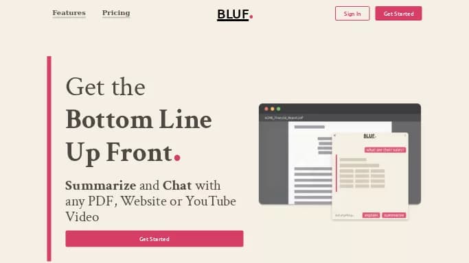 BLUF — бесплатная нейросеть   для суммаризации текста,  для повышения продуктивности,  для помощи в образовании. Бесплатная версия с ограниченным функционалом, есть платные тарифы.