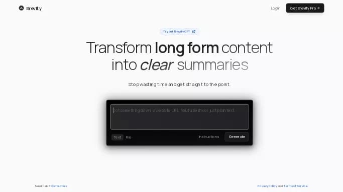 Brevity — бесплатная нейросеть   для суммаризации текста,  для повышения продуктивности,  для помощи в образовании. Бесплатная версия с ограниченным функционалом, есть платные тарифы.