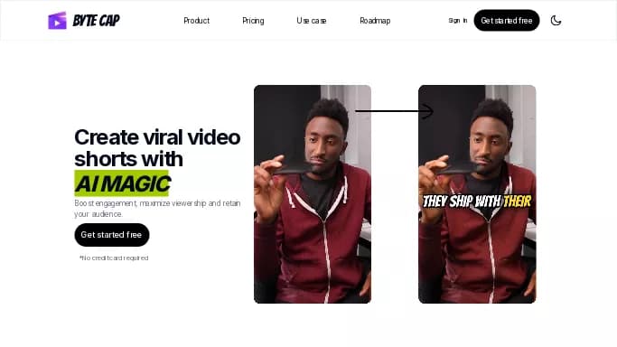 ByteCap — платная нейросеть   для создания видео,  для транскрибации аудио и видео,  для повышения продуктивности,  для помощи в образовании,  для редактирования видео. Бесплатная версия с ограниченным функционалом, есть платные тарифы.