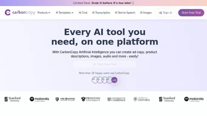 CarbonCopy — бесплатная нейросеть   для написания текста. Бесплатная версия с ограниченным функционалом, есть платные тарифы.