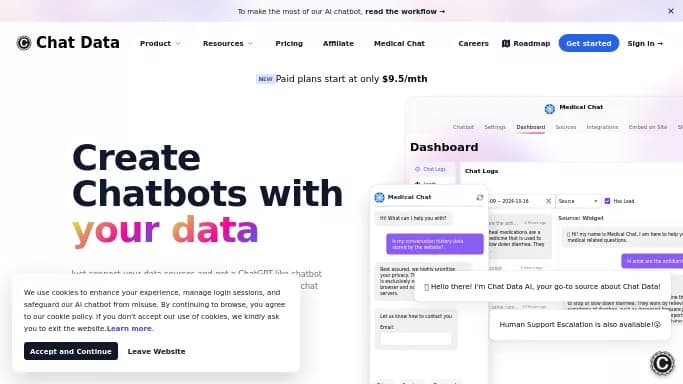 Chat Data — бесплатная нейросеть   для маркетинга,  — чат-бот. Бесплатная версия с ограниченным функционалом, есть платные тарифы.