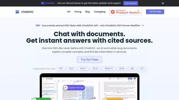 ChatDOC — бесплатная нейросеть   для помощи в образовании,  для таблиц и PDF,  для суммаризации текста,  для повышения продуктивности. 