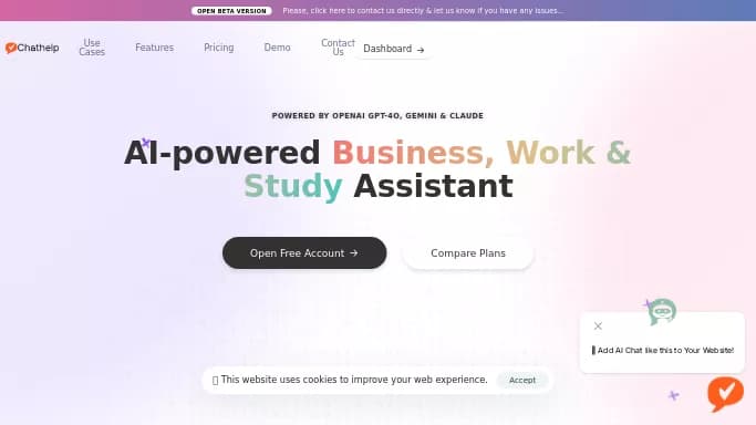Chathelp.ai — платная нейросеть   для маркетинга,  — чат-бот,  для помощи в образовании. Бесплатная версия с ограниченным функционалом, есть платные тарифы.