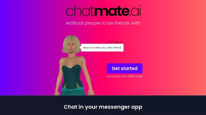Chatmate AI — платная нейросеть   для развлечений,  в играх,  для повышения продуктивности. Бесплатная версия с ограниченным функционалом, есть платные тарифы.