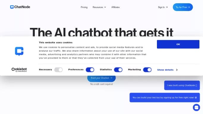 Chatnode — платная нейросеть   — чат-бот,  для маркетинга. Бесплатная версия с ограниченным функционалом, есть платные тарифы.