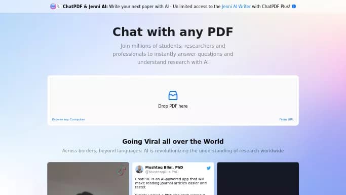 ChatPDF — бесплатная нейросеть   для маркетинга,  для помощи в образовании,  для таблиц и PDF. Бесплатная версия с ограниченным функционалом, есть платные тарифы.