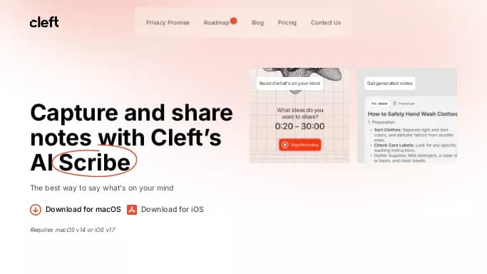 Cleft — бесплатная нейросеть   для транскрибации аудио и видео,  для повышения продуктивности,  для помощи в образовании. Бесплатная версия с ограниченным функционалом, есть платные тарифы.