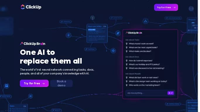 ClickUp Brain — платная нейросеть   для маркетинга,  для повышения продуктивности. 