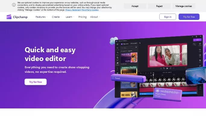 Clipchamp — бесплатная нейросеть   для создания видео,  для редактирования видео. Бесплатная версия с ограниченным функционалом, есть платные тарифы.