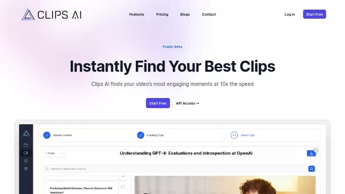 Clips AI — бесплатная нейросеть   для SMM,  для редактирования видео. Бесплатная версия с ограниченным функционалом, есть платные тарифы.