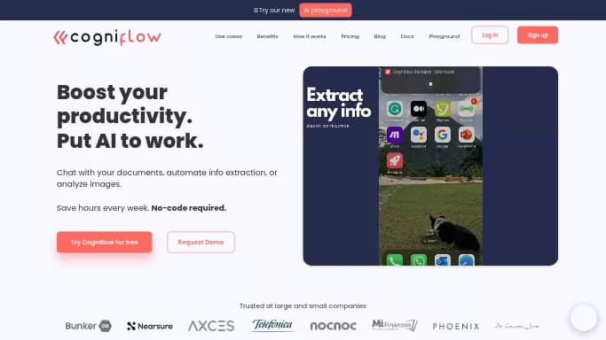 Cogniflow — бесплатная нейросеть   для no Code/Low Code разработки,  для повышения продуктивности. Бесплатная версия с ограниченным функционалом, есть платные тарифы.