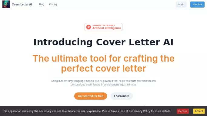 Cover Letter AI — бесплатная нейросеть   помогающие в управлении персоналом. Бесплатная версия с ограниченным функционалом, есть платные тарифы.