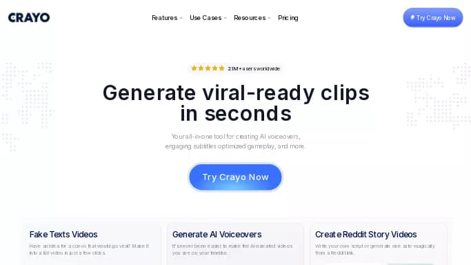 Crayo AI — платная нейросеть   для редактирования видео. Бесплатная версия с ограниченным функционалом, есть платные тарифы.