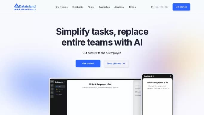 Dataisland — бесплатная нейросеть  , автономные ИИ (AGI). Бесплатная версия с ограниченным функционалом, есть платные тарифы.