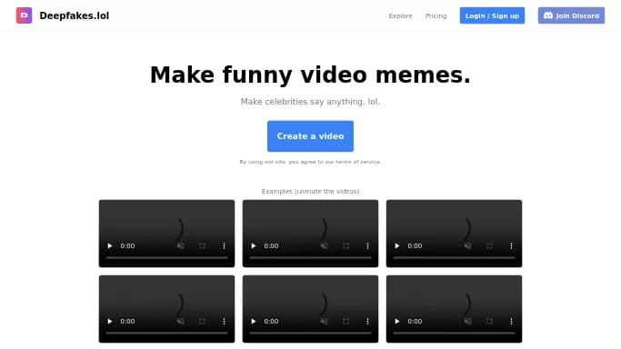 Deepfakes.lol — бесплатная нейросеть   для дипфейк(deepfake),  для редактирования видео. Бесплатная версия с ограниченным функционалом, есть платные тарифы.