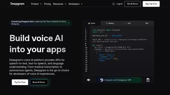 Deepgram — платная нейросеть   для разработки программного обеспечения,  для создания голоса. Бесплатная версия с ограниченным функционалом, есть платные тарифы.
