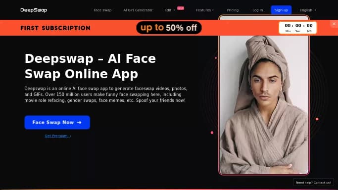 DeepSwap — бесплатная нейросеть   для дипфейк(deepfake),  для редактирования изображений,  для редактирования видео. Бесплатная версия с ограниченным функционалом, есть платные тарифы.