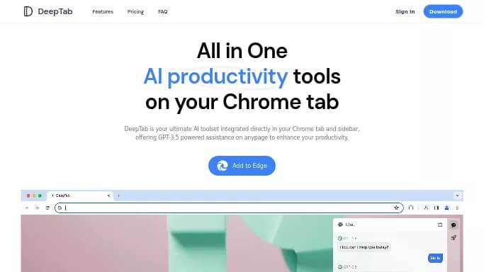 DeepTab — бесплатная нейросеть  , расширения ChatGPT,  для повышения продуктивности. Бесплатная версия с ограниченным функционалом, есть платные тарифы.