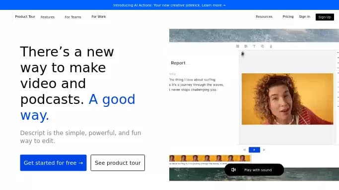 Descript — бесплатная нейросеть   для создания голоса,  для транскрибации аудио и видео,  для повышения продуктивности,  для помощи в образовании,  для редактирования видео. Бесплатная версия с ограниченным функционалом, есть платные тарифы.