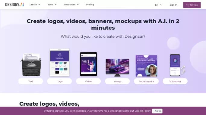 Designs AI — бесплатная нейросеть   для создания логотипа. Бесплатная версия с ограниченным функционалом, есть платные тарифы.