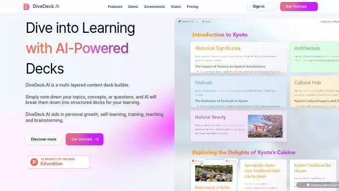 DiveDeck.ai — бесплатная нейросеть   для помощи в образовании,  для создания презентаций. Бесплатная версия с ограниченным функционалом, есть платные тарифы.