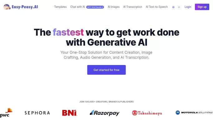 Easy-Peasy AI — бесплатная нейросеть   для создания изображений,  для написания текста,  для копирайтинга. Бесплатная версия с ограниченным функционалом, есть платные тарифы.