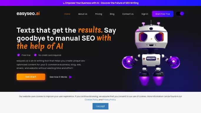 EasySEO.ai — бесплатная нейросеть   для копирайтинга. Бесплатная версия с ограниченным функционалом, есть платные тарифы.