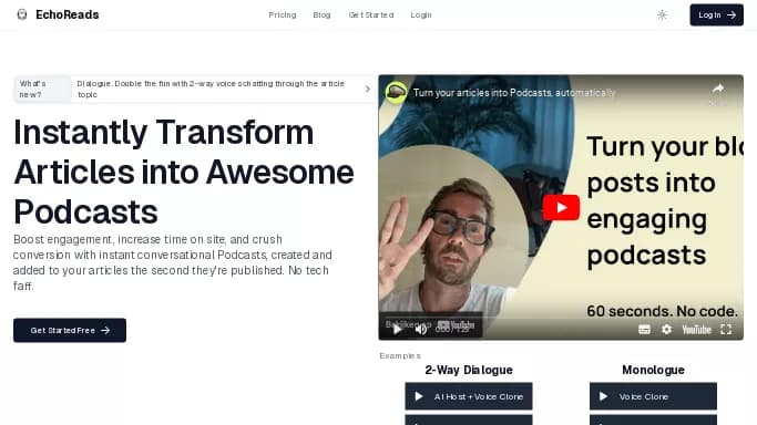 EchoReads — платная нейросеть   для создания голоса,  для маркетинга,  для копирайтинга. Бесплатная версия с ограниченным функционалом, есть платные тарифы.
