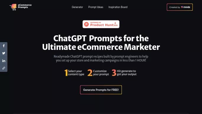 ECommerce Prompt Generator — бесплатная нейросеть   для маркетинга, , расширения ChatGPT,  для генерации промптов. 
