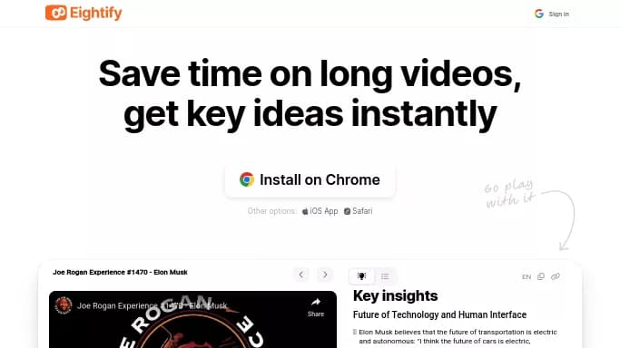 Eightify — платная нейросеть   для суммаризации текста,  для повышения продуктивности,  для помощи в образовании,  для транскрибации аудио и видео. Бесплатная версия с ограниченным функционалом, есть платные тарифы.