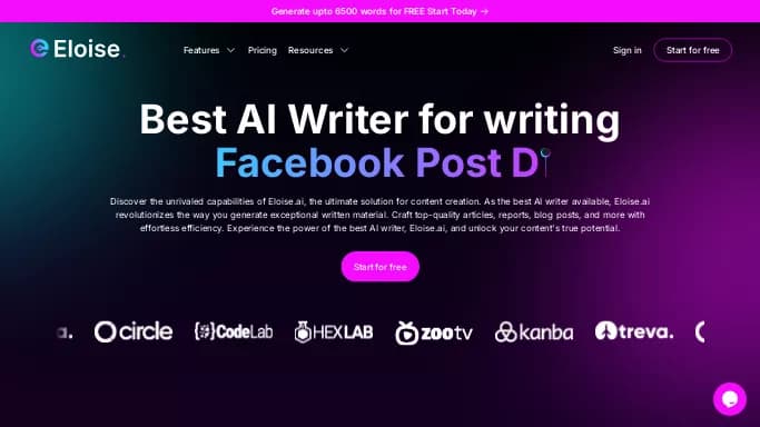 Eloise — платная нейросеть   для копирайтинга,  для написания текста. Бесплатная версия с ограниченным функционалом, есть платные тарифы.