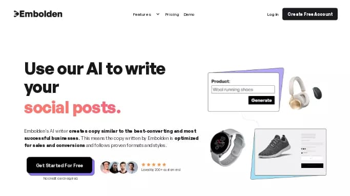 Embolden — бесплатная нейросеть   для копирайтинга. Бесплатная версия с ограниченным функционалом, есть платные тарифы.