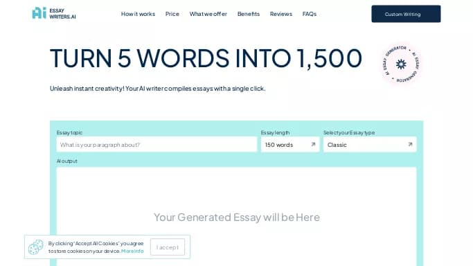 AI Essay Writer — бесплатная нейросеть   для написания текста. Бесплатная версия с ограниченным функционалом, есть платные тарифы.