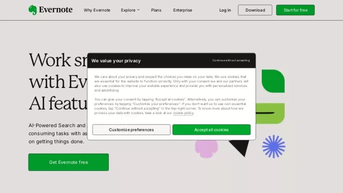 Evernote AI — бесплатная нейросеть   для повышения продуктивности. Бесплатная версия с ограниченным функционалом, есть платные тарифы.