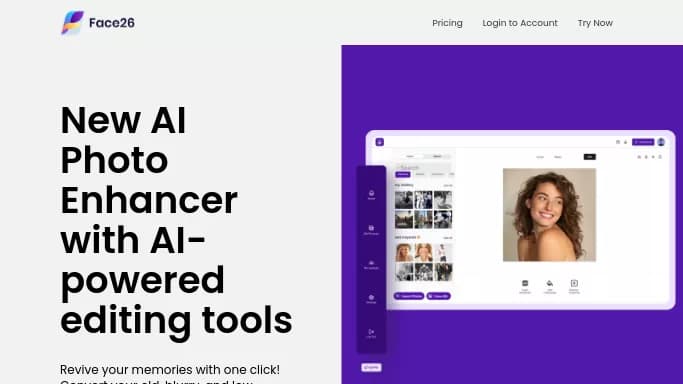 Face26 — платная нейросеть   для редактирования изображений. Бесплатная версия с ограниченным функционалом, есть платные тарифы.