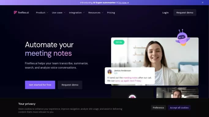 FireFlies — бесплатная нейросеть   для помощи в образовании,  для повышения продуктивности,  для суммаризации текста,  для транскрибации аудио и видео. Бесплатная версия с ограниченным функционалом, есть платные тарифы.