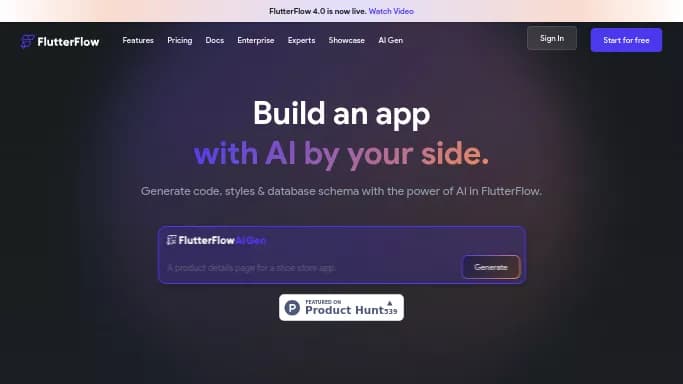 FlutterFlow AI Gen — бесплатная нейросеть   для no Code/Low Code разработки,  для дизайна. Бесплатная версия с ограниченным функционалом, есть платные тарифы.
