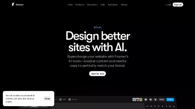 Framer AI — бесплатная нейросеть   для no Code/Low Code разработки,  для дизайна. Бесплатная версия с ограниченным функционалом, есть платные тарифы.